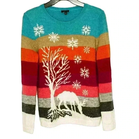 Talbots Sweater Medium Petite MP Mohair Lambswool Blend Stripe Deer Winter Scene - Picture 1 of 5